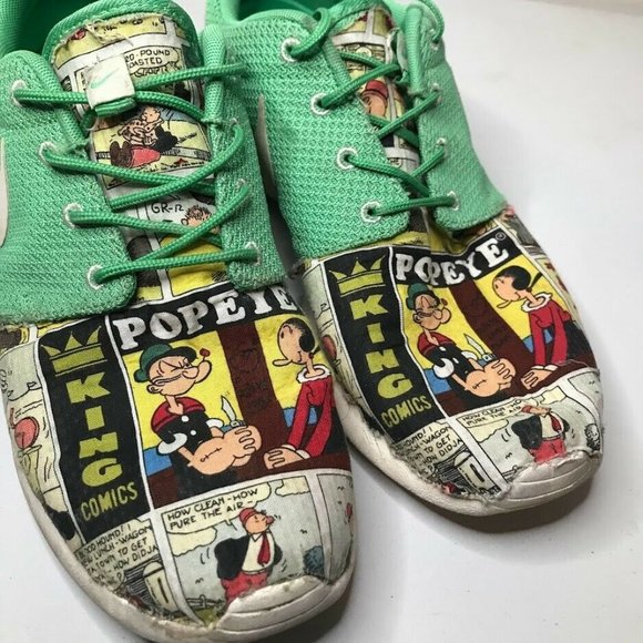Nike Roshe Run Popeye Cartoon Novelty Sneaker Mens 9 Green Lace Up RARE Shoe - Picture 5 of 11
